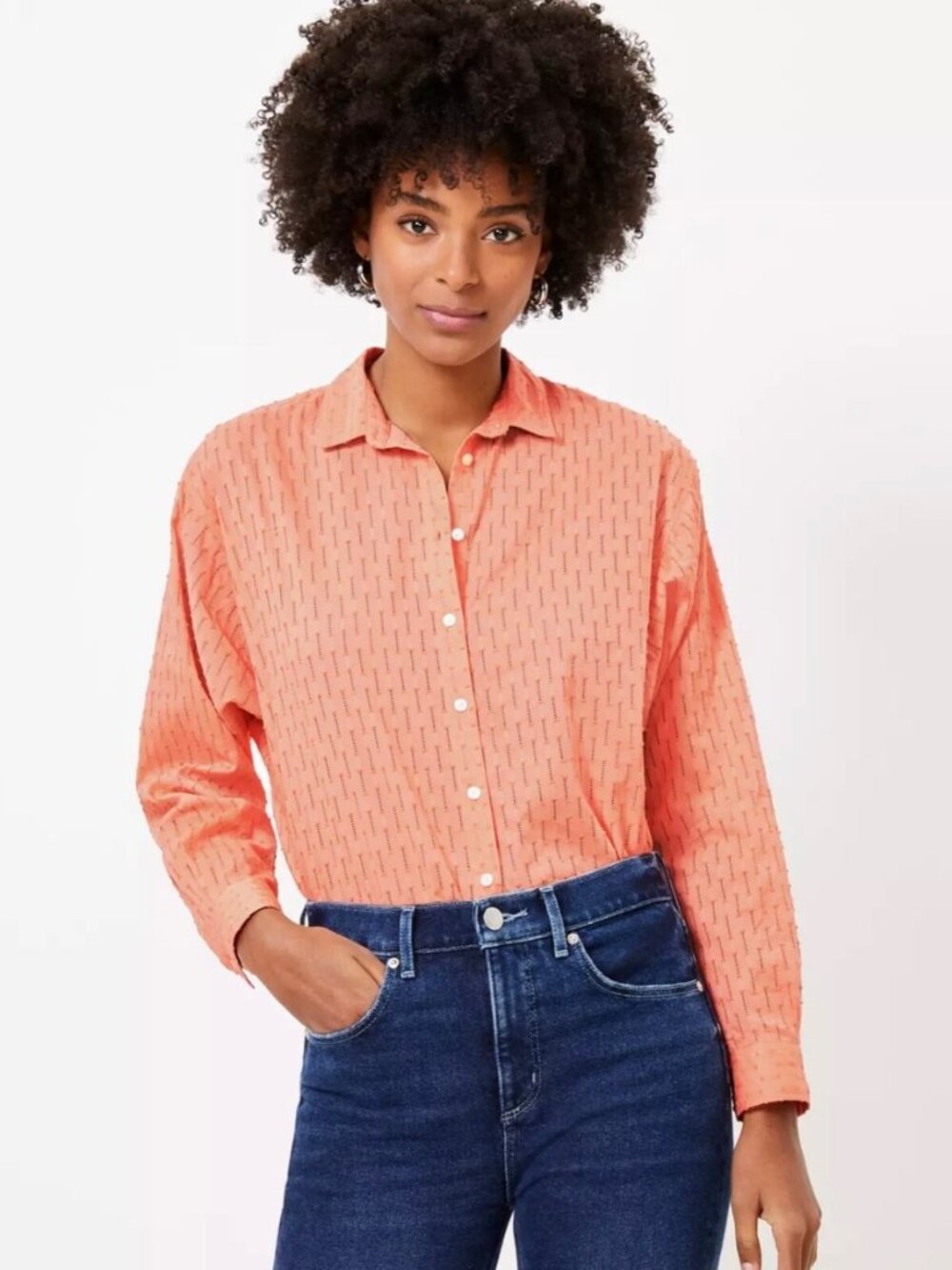 LOFT peach orange textured long sleeve collared button up shirt 100% cotton S